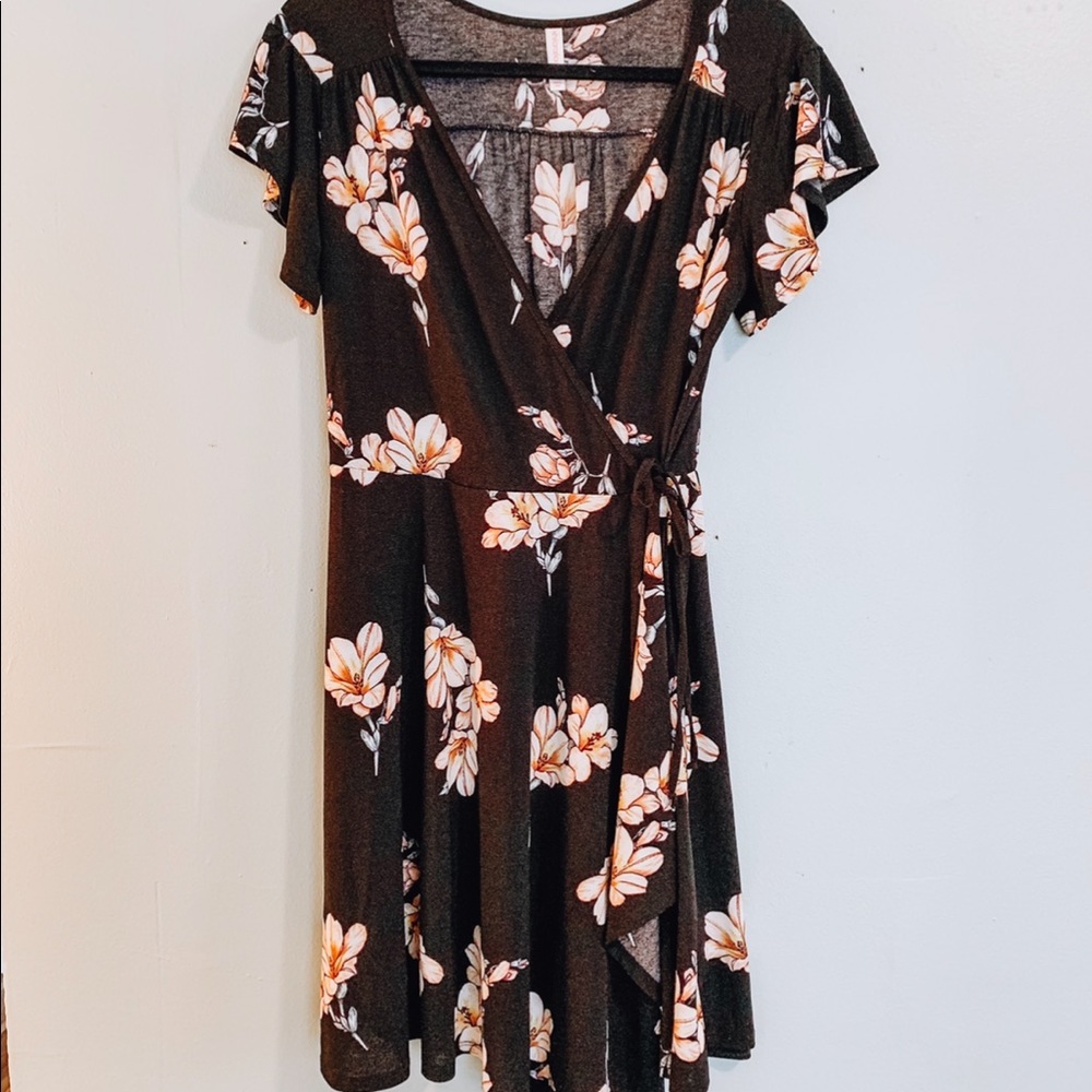 Black Floral Wrap Dress - Deep V Neckline